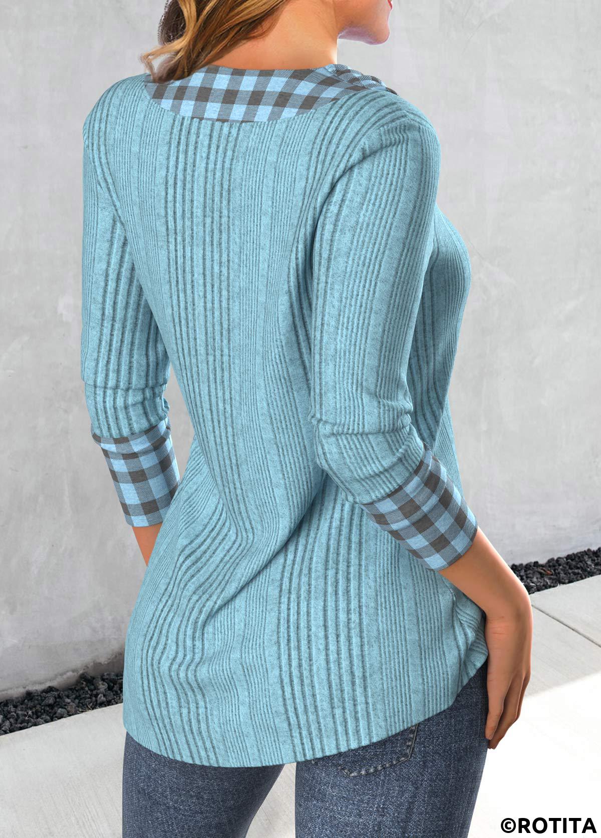 Dusty Blue tops,Plaid tops,Striped tops,Geometric tops,ROTITA Patchwork Plaid Dusty Blue Asymmetrical Neck Sweatshirt