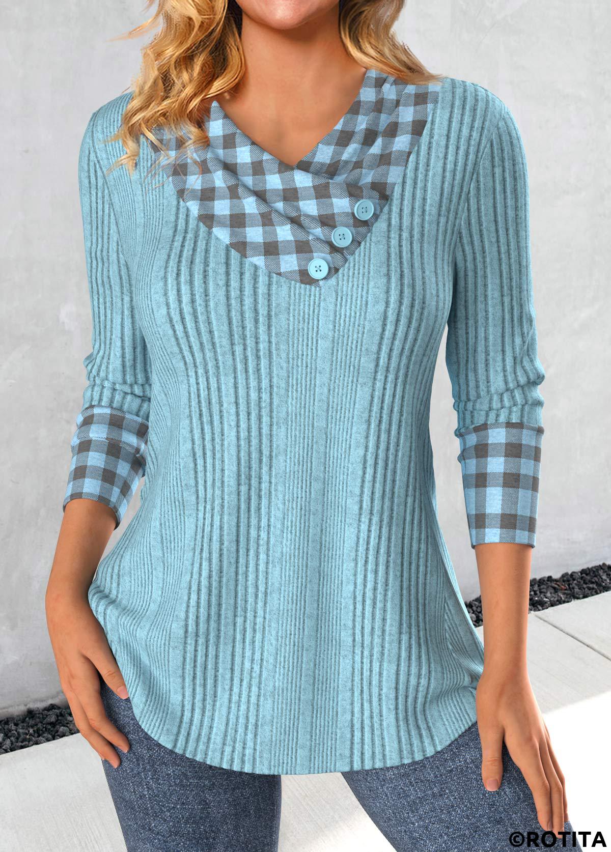 Dusty Blue tops,Plaid tops,Striped tops,Geometric tops,ROTITA Patchwork Plaid Dusty Blue Asymmetrical Neck Sweatshirt