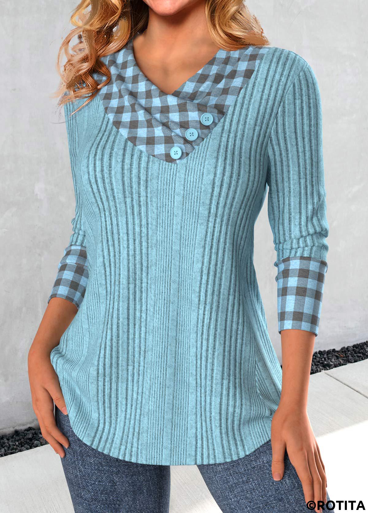 Dusty Blue tops,Plaid tops,Striped tops,Geometric tops,ROTITA Patchwork Plaid Dusty Blue Asymmetrical Neck Sweatshirt