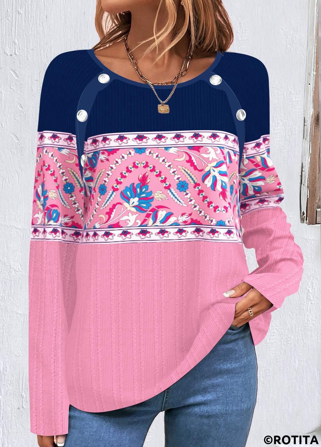 ROTITA Button Tribal Print Multi Color T Shirt