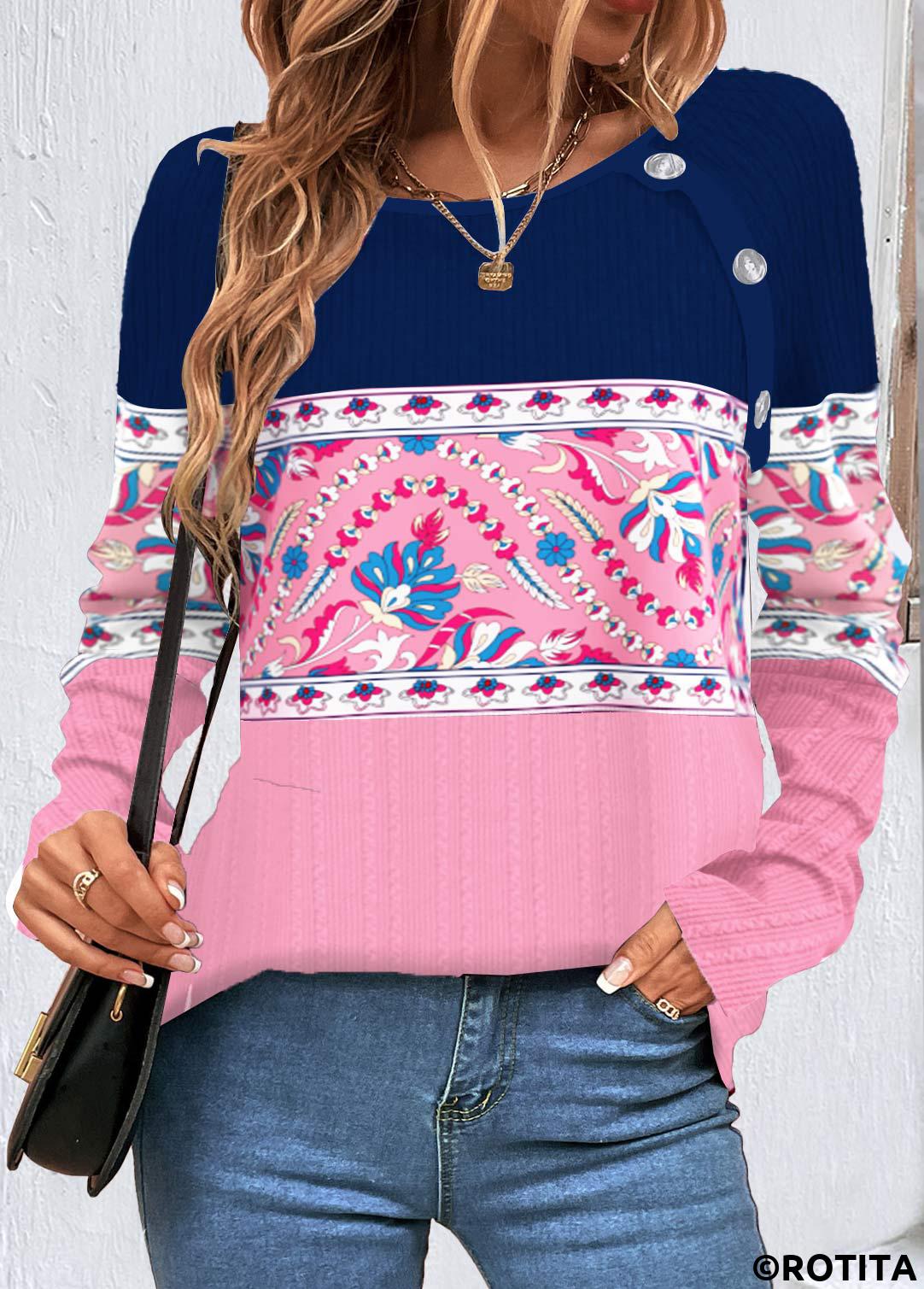 ROTITA Button Tribal Print Multi Color T Shirt