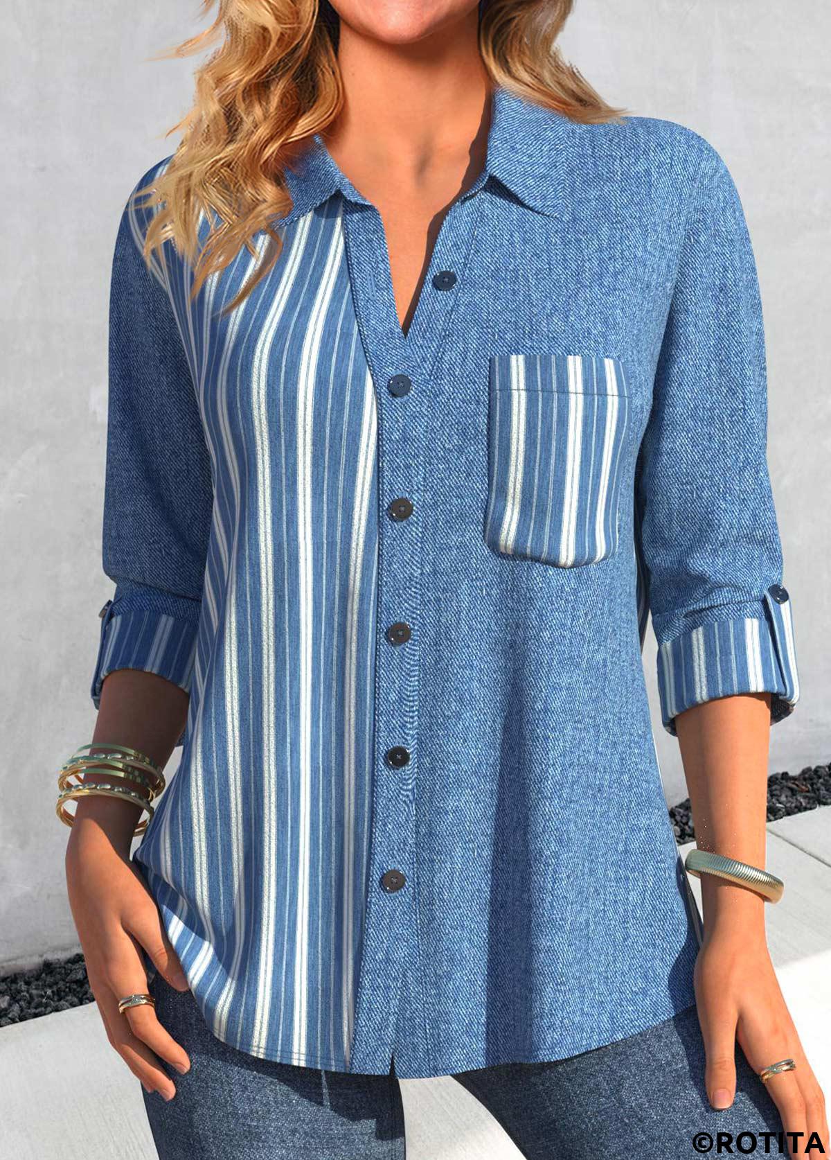ROTITA Patchwork Denim-effect Print Denim Blue Shirt Collar Blouse