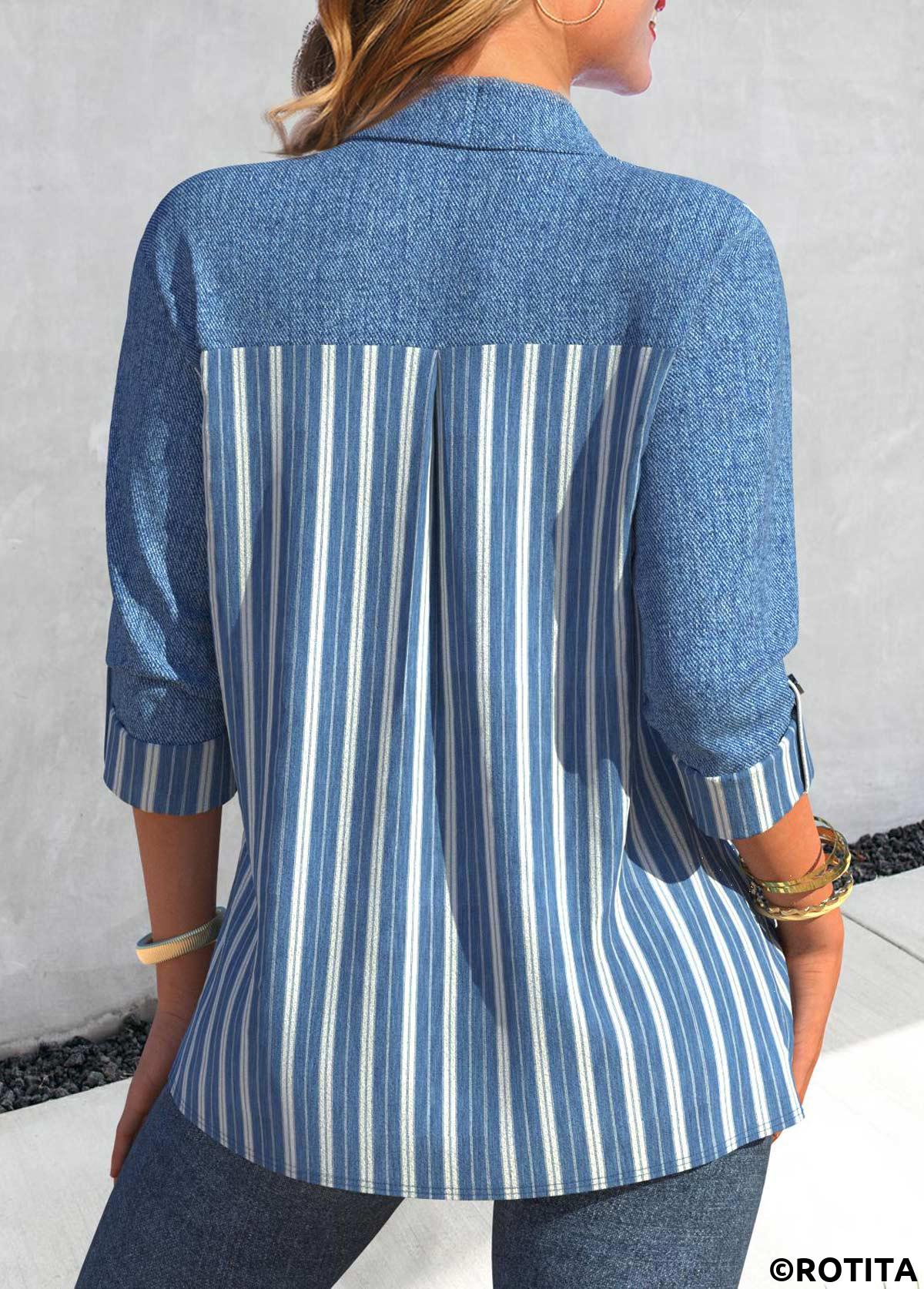ROTITA Patchwork Denim-effect Print Denim Blue Shirt Collar Blouse