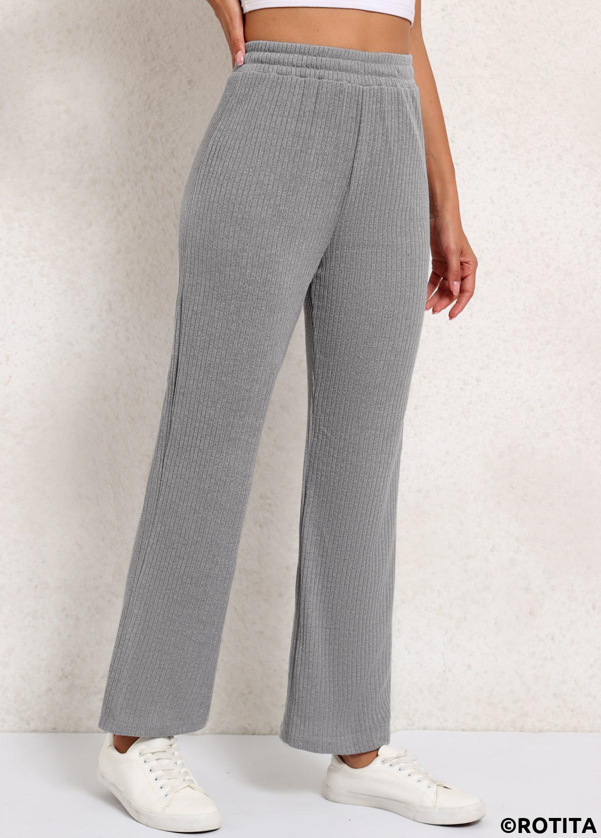 Grey bottoms,Plain Color bottoms,Grey Elastic Waist High Waisted Pants