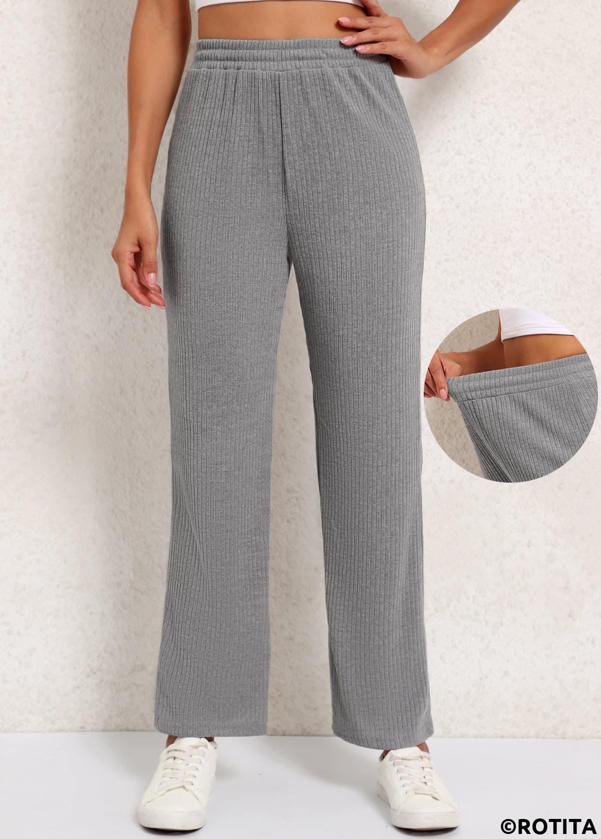 Grey bottoms,Plain Color bottoms,Grey Elastic Waist High Waisted Pants