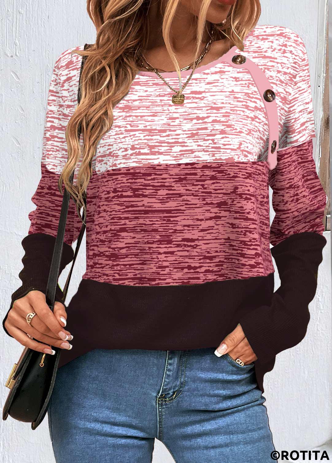 Pink tops,Contrast Color tops,ROTITA Patchwork Pink Round Neck Long Sleeve Sweatshirt