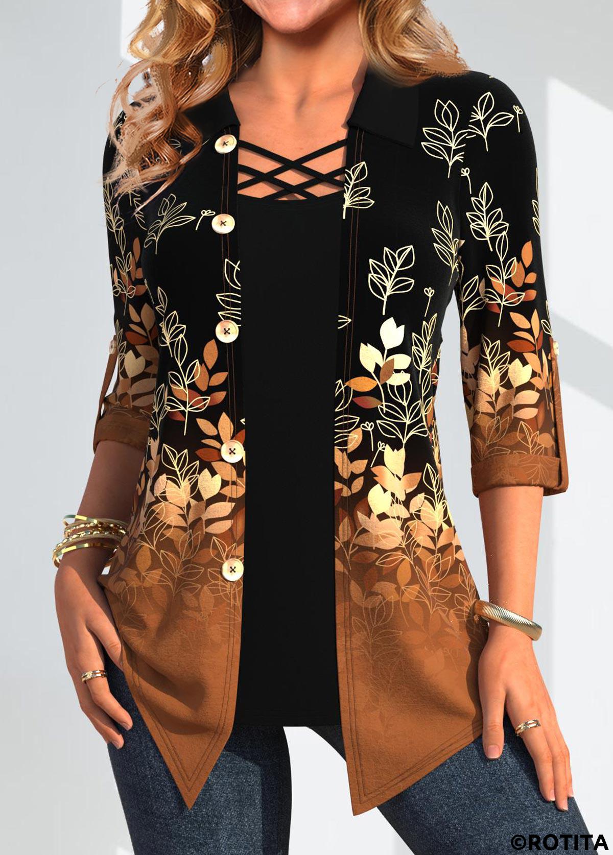 Dark Camel tops,Black tops,Plants tops,Geometric tops,ROTITA Leaf Print Dark Camel Fake Two Piece Twinset