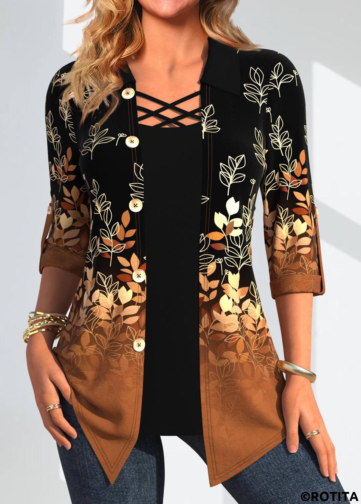 Dark Camel tops,Black tops,Plants tops,Geometric tops,ROTITA Leaf Print Dark Camel Fake Two Piece Twinset