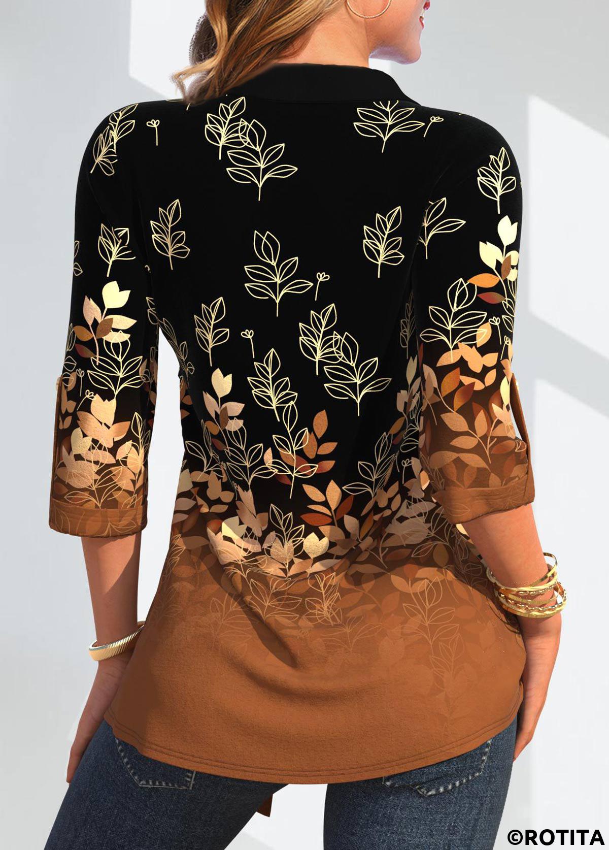 Dark Camel tops,Black tops,Plants tops,Geometric tops,ROTITA Leaf Print Dark Camel Fake Two Piece Twinset