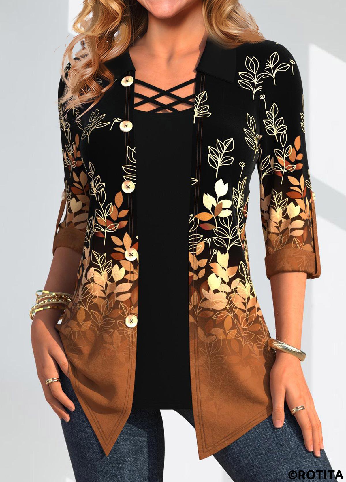 Dark Camel tops,Black tops,Plants tops,Geometric tops,ROTITA Leaf Print Dark Camel Fake Two Piece Twinset