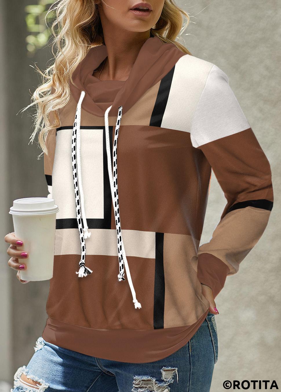 Dark Coffee tops,Light Coffee tops,Geometric tops,Striped tops,ROTITA Lace Up Geometric Print Dark Coffee Sweatshirt