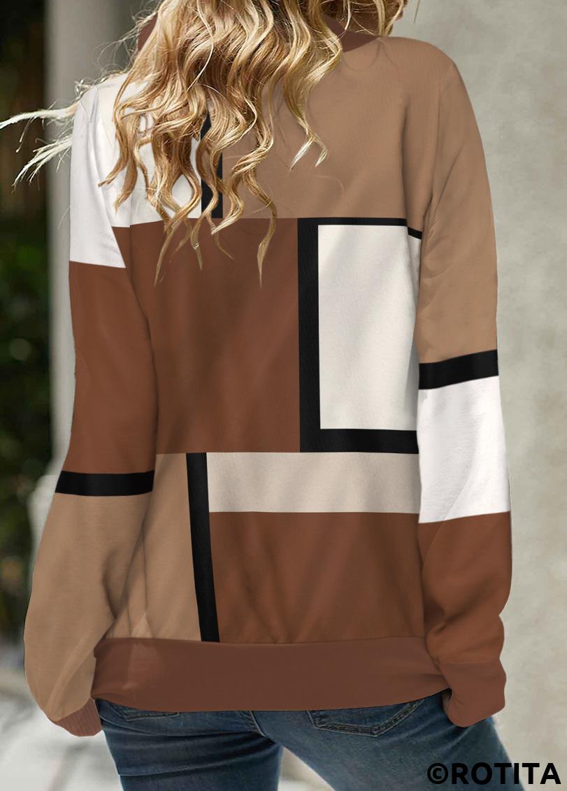 Dark Coffee tops,Light Coffee tops,Geometric tops,Striped tops,ROTITA Lace Up Geometric Print Dark Coffee Sweatshirt