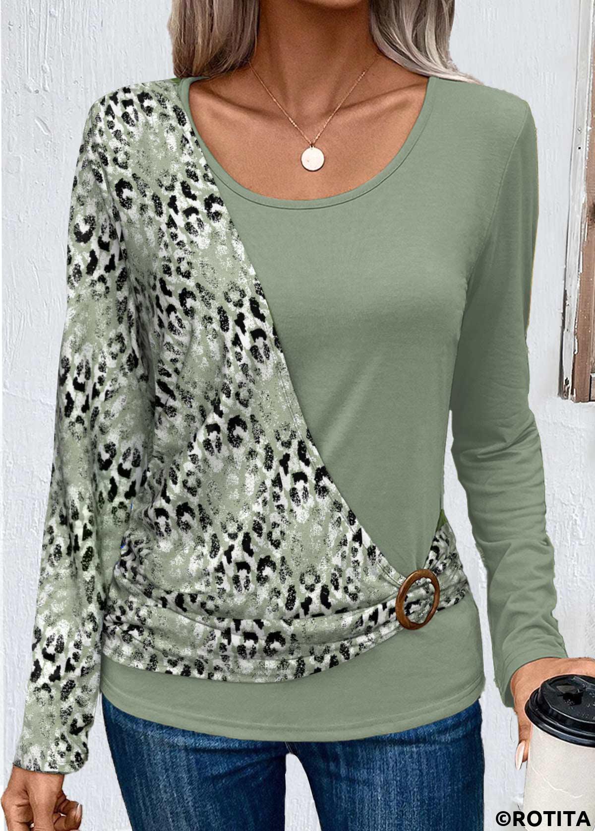 Sage Green tops,Leopard tops,Animal Print tops,ROTITA Patchwork Leopard Sage Green Round Neck T Shirt