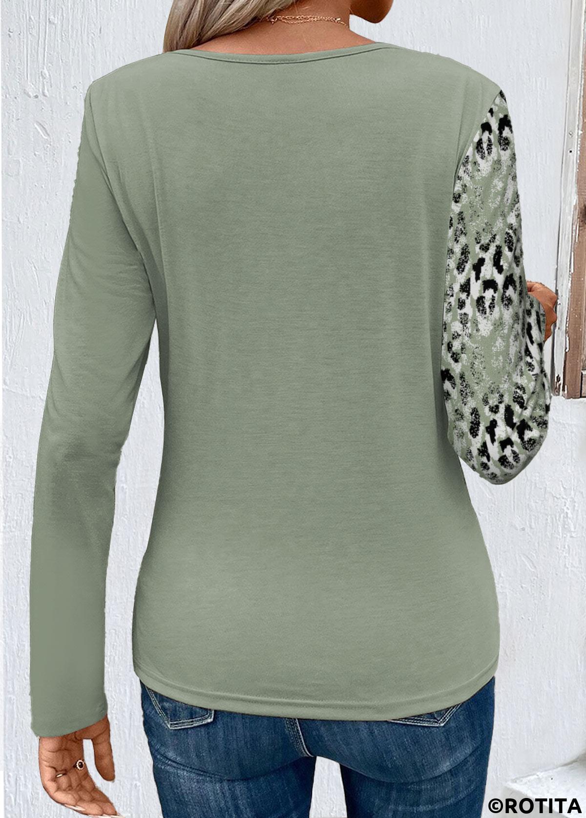 Sage Green tops,Leopard tops,Animal Print tops,ROTITA Patchwork Leopard Sage Green Round Neck T Shirt