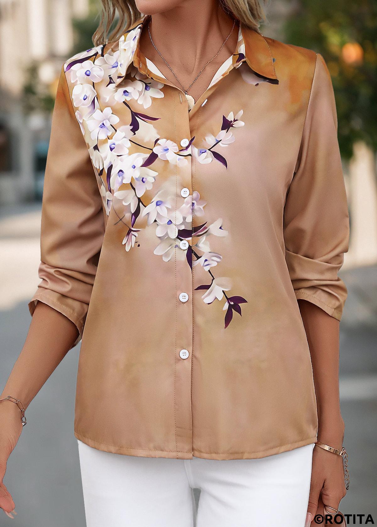 Light Coffee tops,Floral tops,Plants tops,Button Floral Print Light Coffee Shirt Collar Blouse