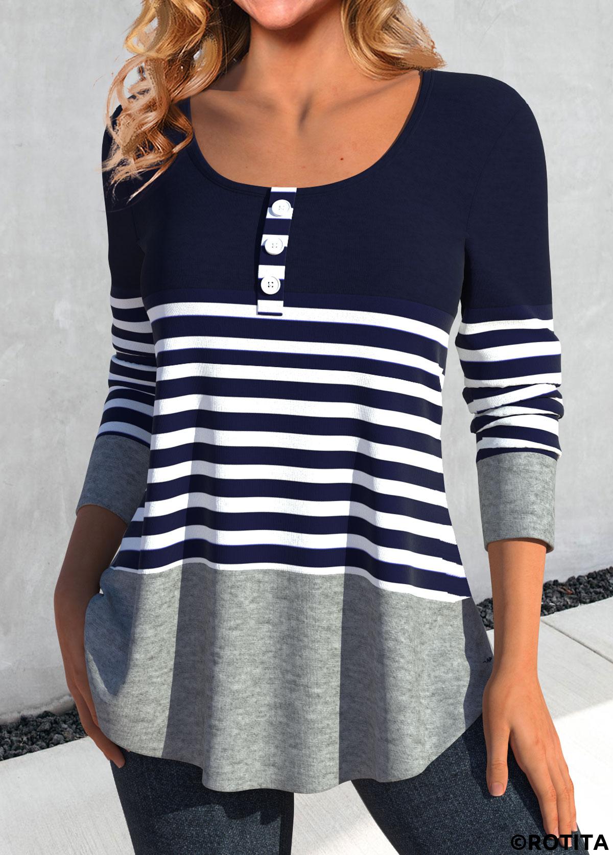 Rotita Patchwork-T-Shirt mit Rundhalsausschnitt und Streifen in Marineblau