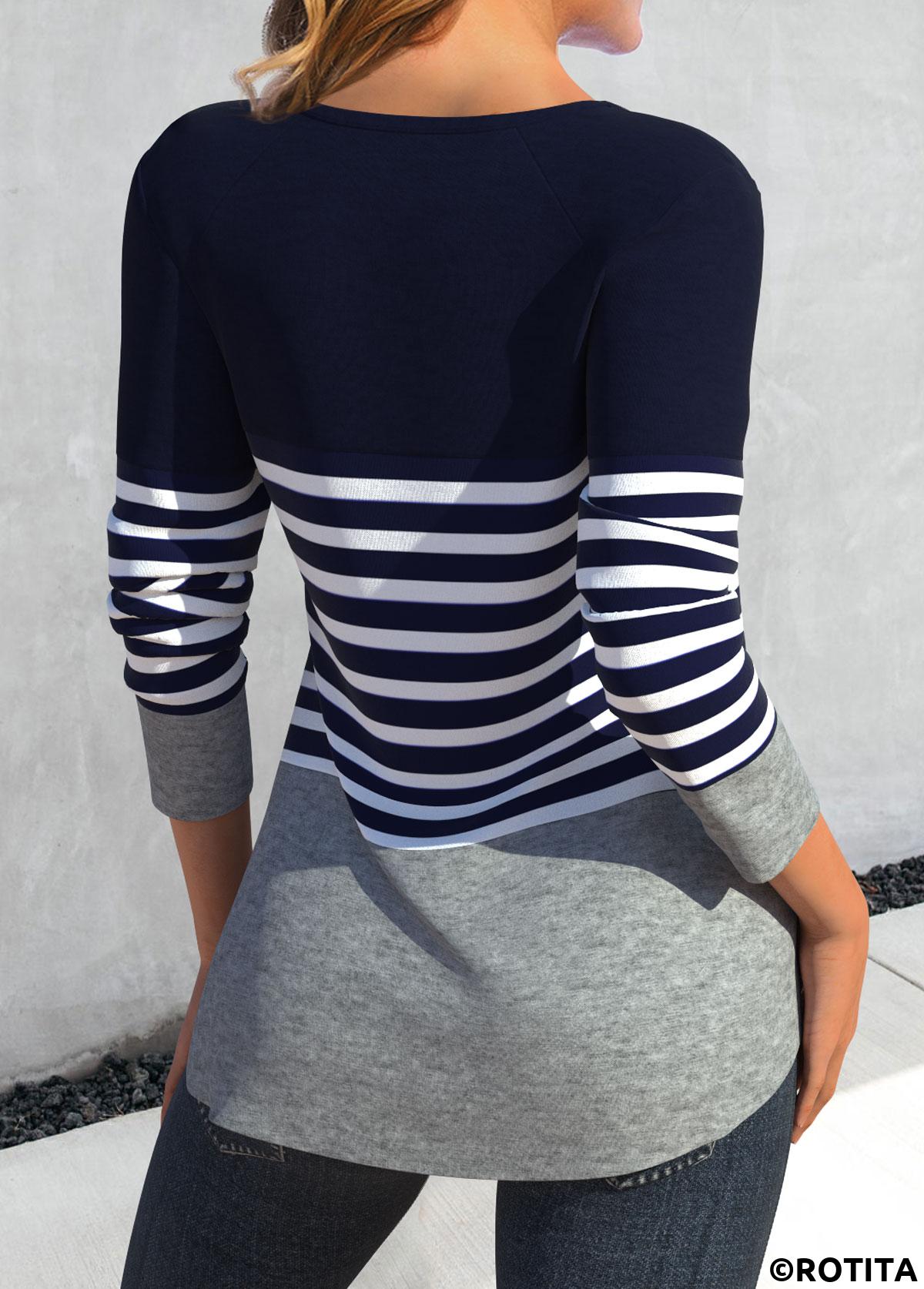 Rotita Patchwork-T-Shirt mit Rundhalsausschnitt und Streifen in Marineblau