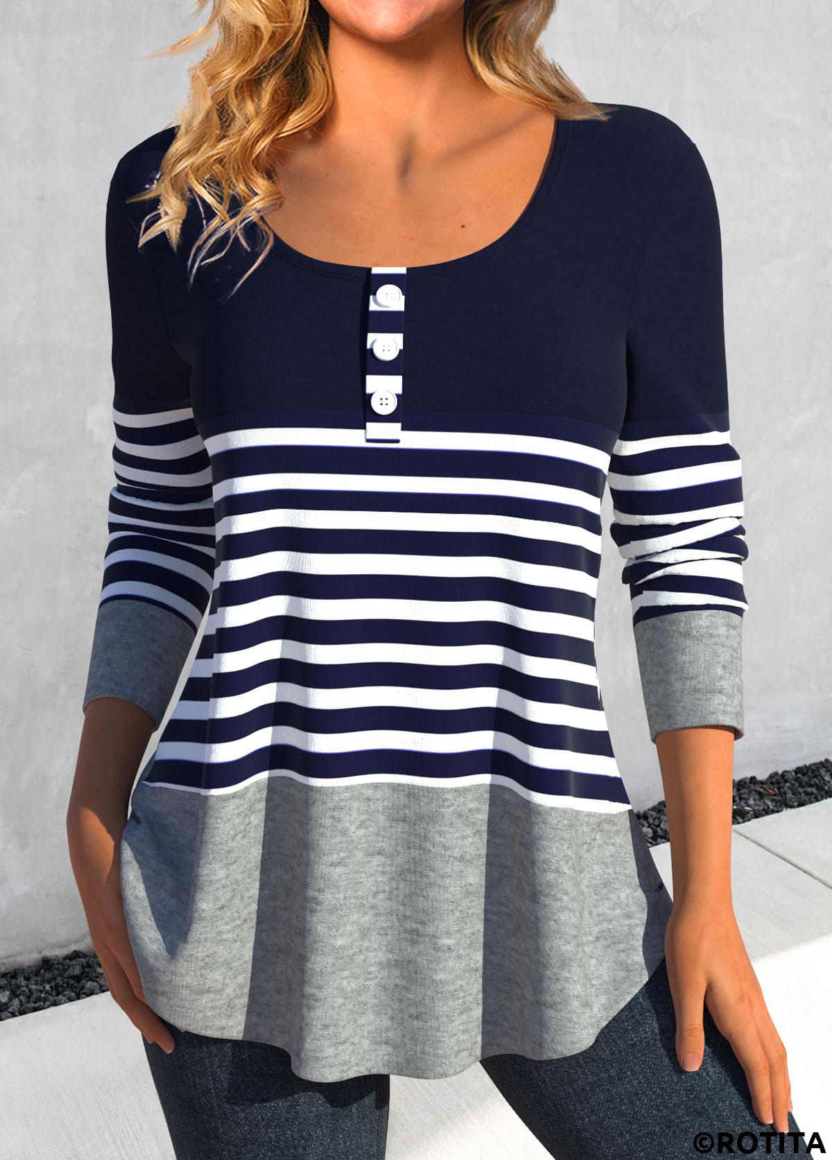 Rotita Patchwork-T-Shirt mit Rundhalsausschnitt und Streifen in Marineblau