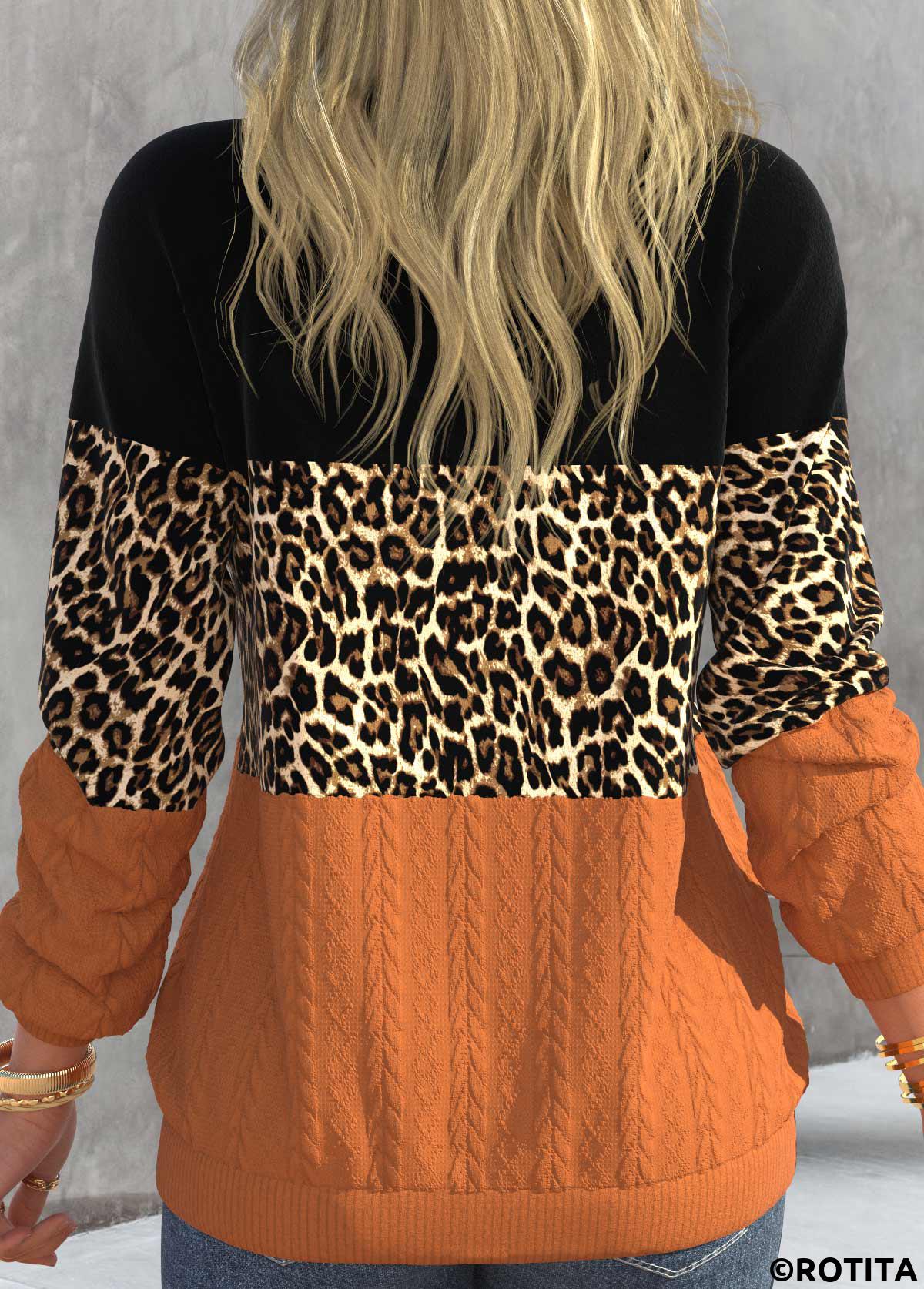 Black tops,Orange tops,Leopard tops,ROTITA Patchwork Leopard Black V Neck Long Sleeve Sweatshirt