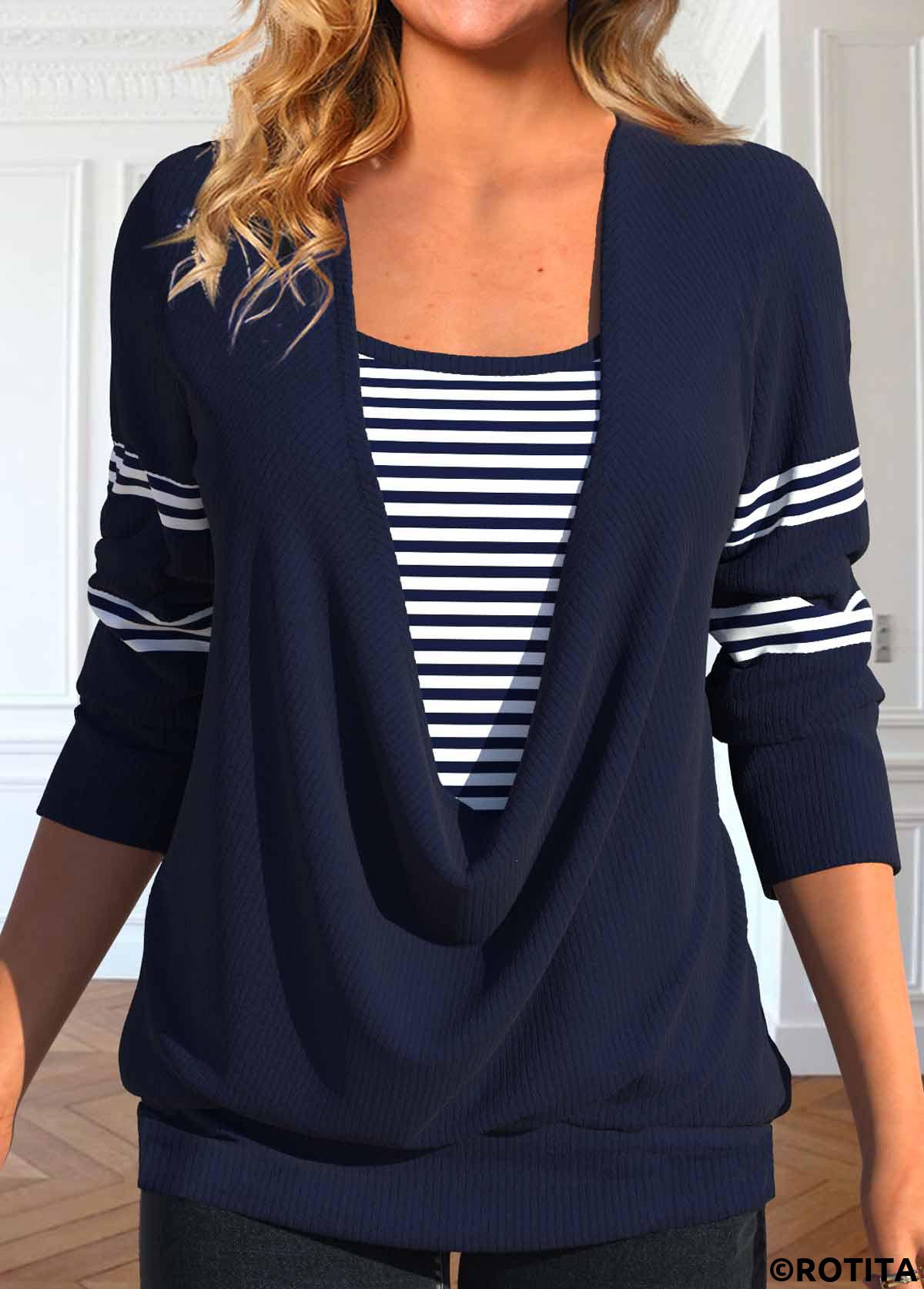 Navy tops,Striped tops,Geometric tops,ROTITA Fake 2in1 Striped Navy Square Neck T Shirt