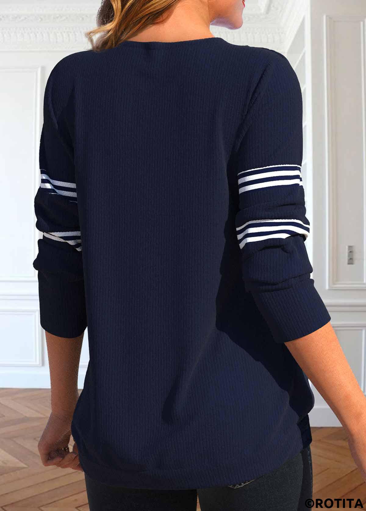 Navy tops,Striped tops,Geometric tops,ROTITA Fake 2in1 Striped Navy Square Neck T Shirt