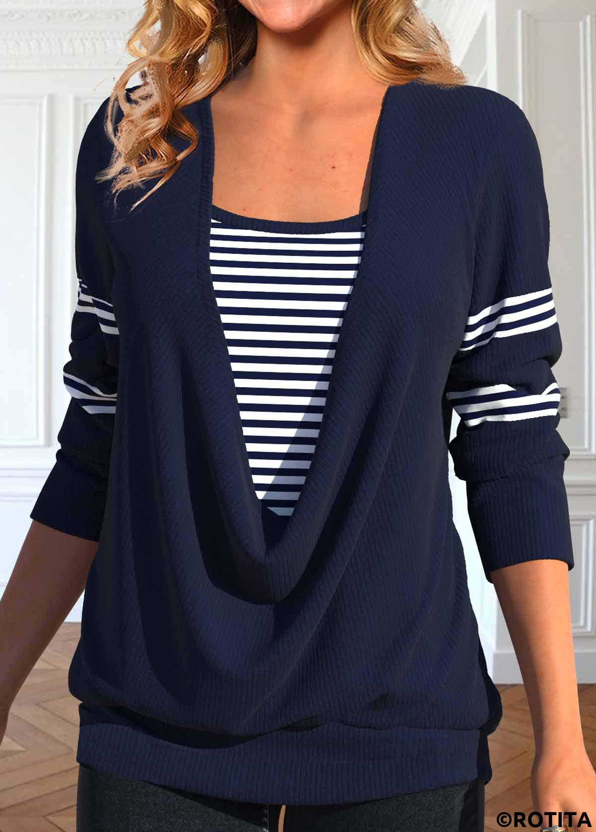 Navy tops,Striped tops,Geometric tops,ROTITA Fake 2in1 Striped Navy Square Neck T Shirt