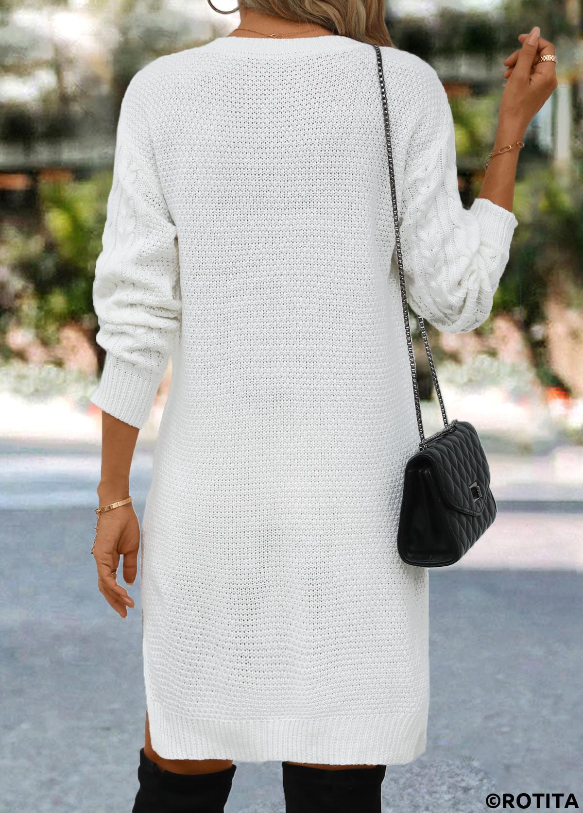 White dresses,Plain Color dresses,Everyday dresses,Casual dresses,Split White Short Long Sleeve Shift Dress