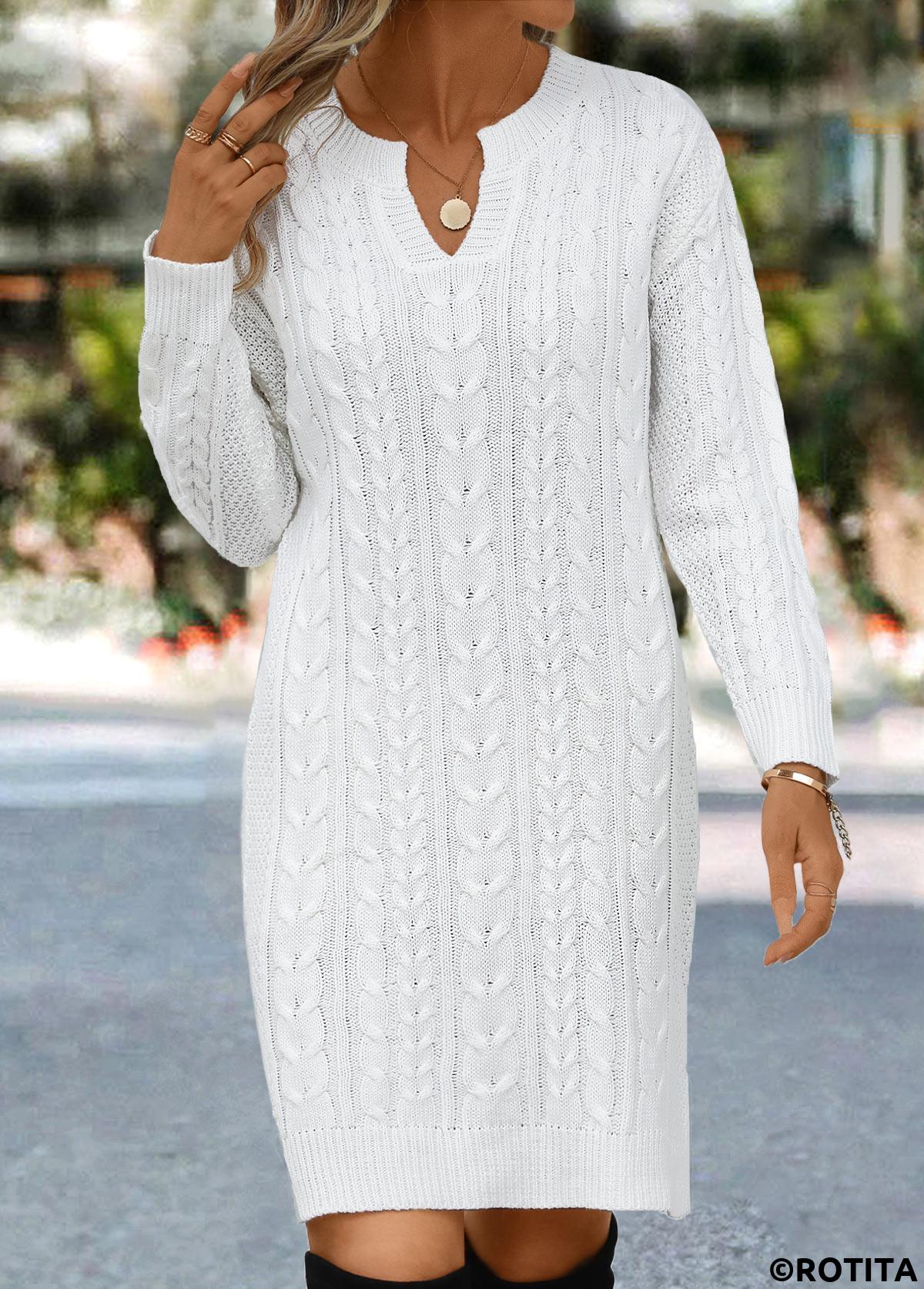 White dresses,Plain Color dresses,Everyday dresses,Casual dresses,Split White Short Long Sleeve Shift Dress