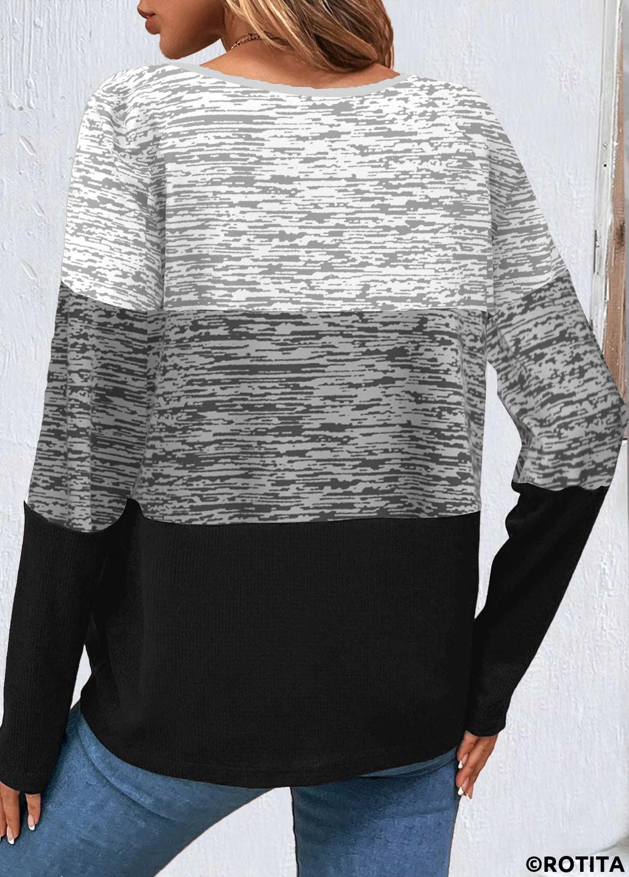 Grey tops,Contrast Color tops,ROTITA Patchwork Grey Round Neck Long Sleeve Sweatshirt