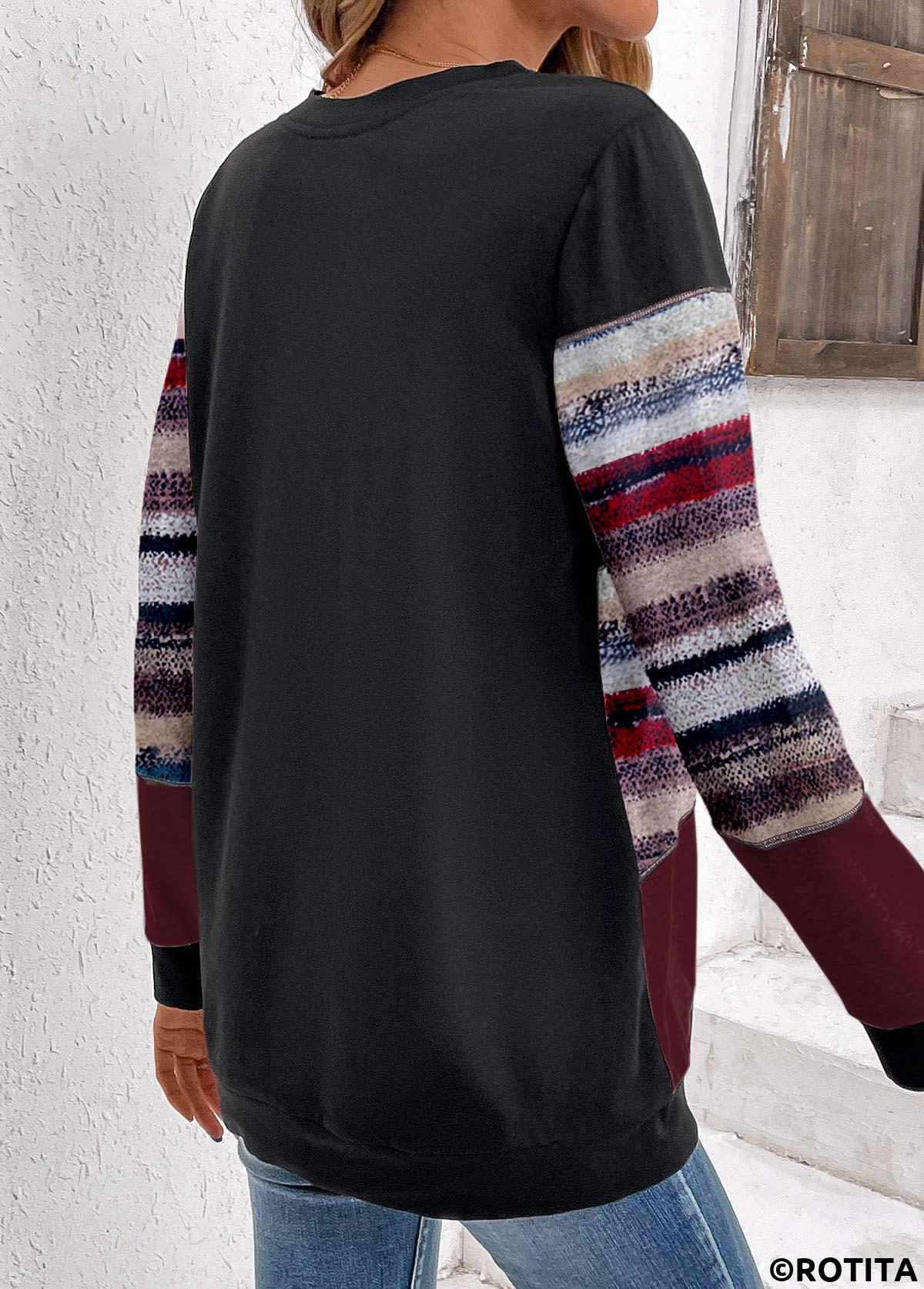 ROTITA Patchwork Geometric Print Black Round Neck Sweatshirt