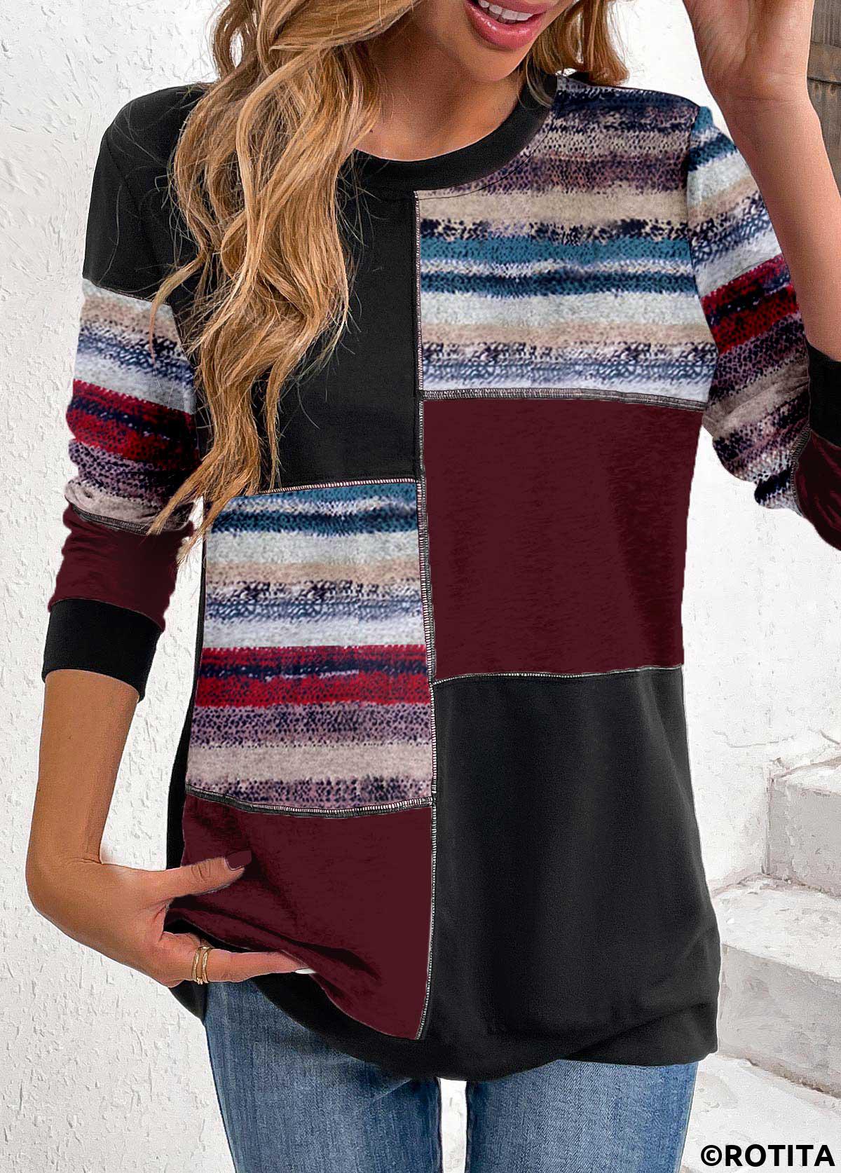 ROTITA Patchwork Geometric Print Black Round Neck Sweatshirt