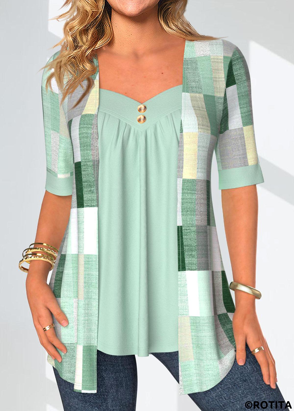 Mint Green tops,Geometric tops,Plaid tops,Striped tops,ROTITA Patchwork Geometric Print Mint Green Fake Two Piece Twinset