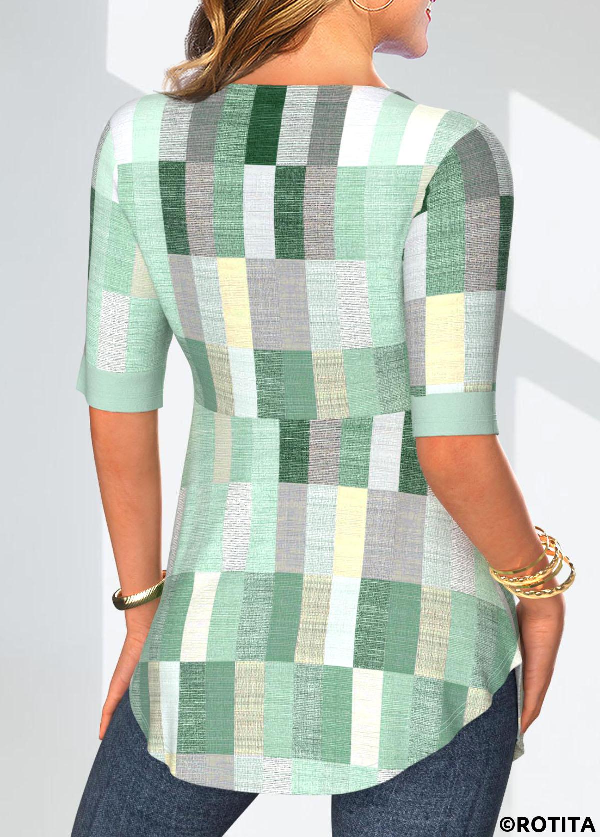 Mint Green tops,Geometric tops,Plaid tops,Striped tops,ROTITA Patchwork Geometric Print Mint Green Fake Two Piece Twinset