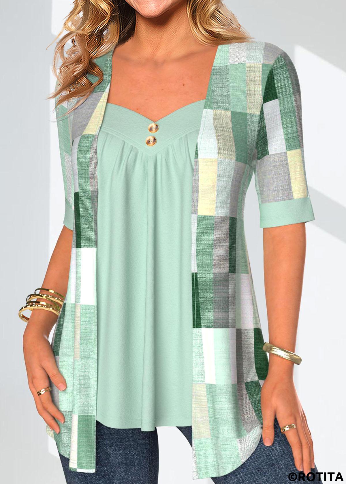 Mint Green tops,Geometric tops,Plaid tops,Striped tops,ROTITA Patchwork Geometric Print Mint Green Fake Two Piece Twinset