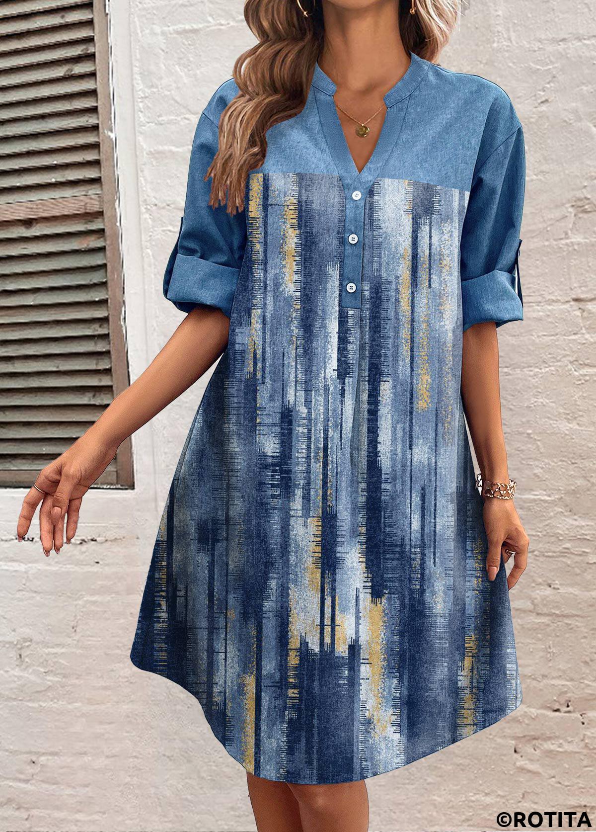 Denim Blue dresses,Denim-Effect Print dresses,Geometric dresses,Everyday dresses,Casual dresses,ROTITA Button Denim-effect Print Denim Blue Dress