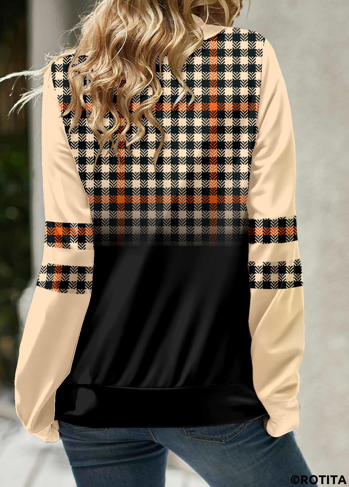 Light Coffee tops,Plaid tops,Geometric tops,Striped tops,ROTITA Patchwork Plaid Light Coffee Cowl Neck Sweatshirt