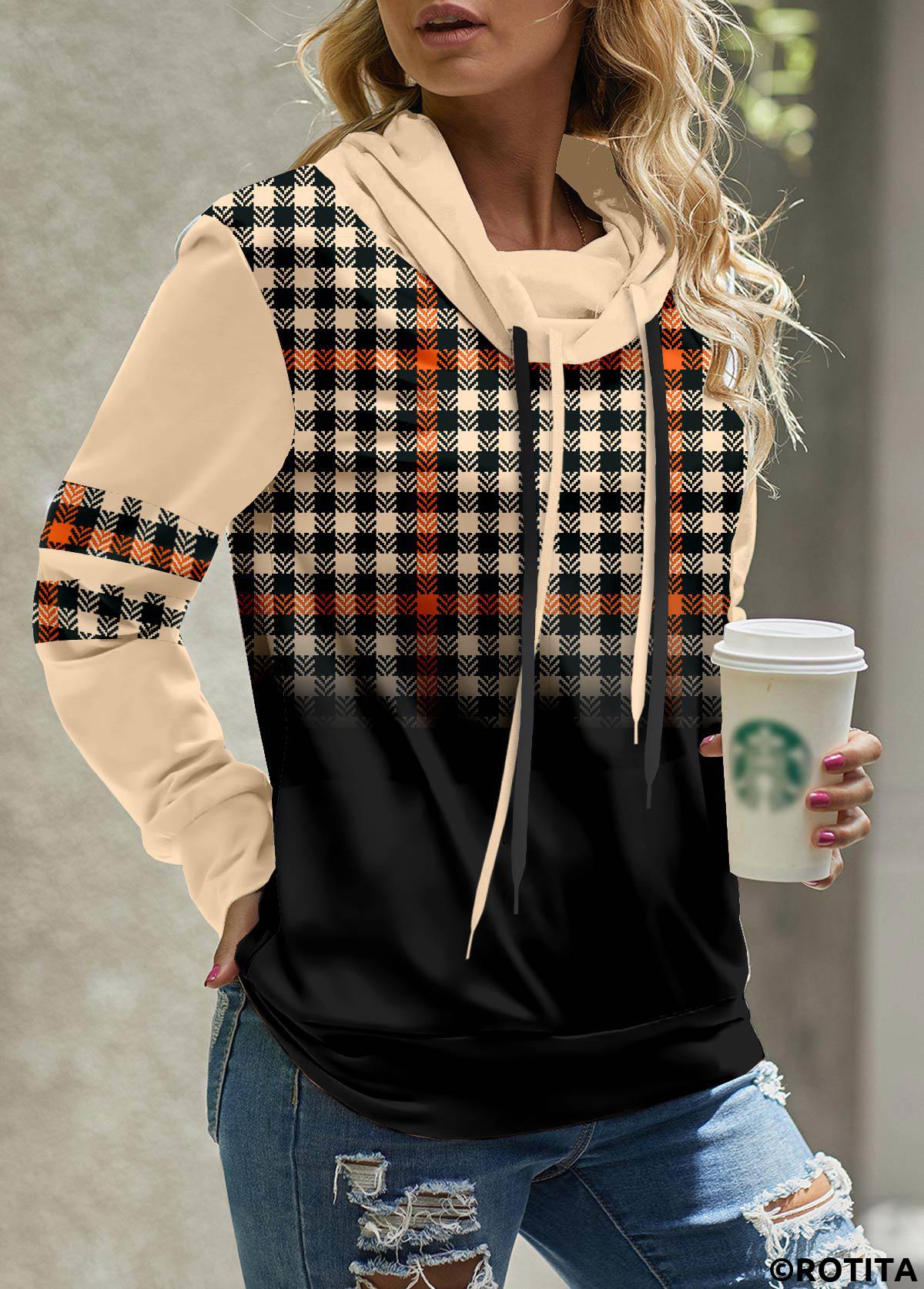 Light Coffee tops,Plaid tops,Geometric tops,Striped tops,ROTITA Patchwork Plaid Light Coffee Cowl Neck Sweatshirt