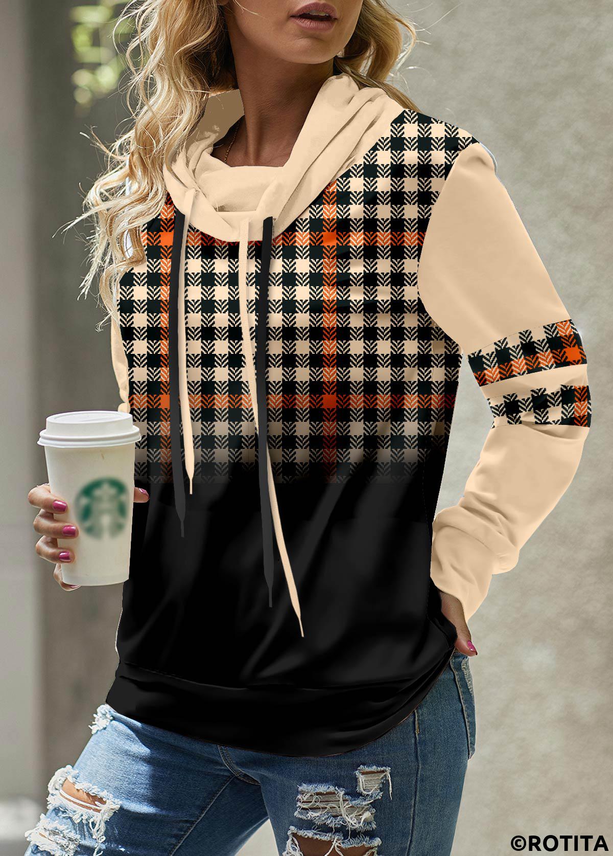 Light Coffee tops,Plaid tops,Geometric tops,Striped tops,ROTITA Patchwork Plaid Light Coffee Cowl Neck Sweatshirt