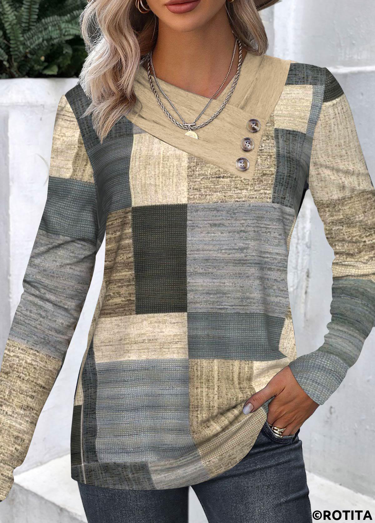 ROTITA Button Geometric Print Multi Color T Shirt