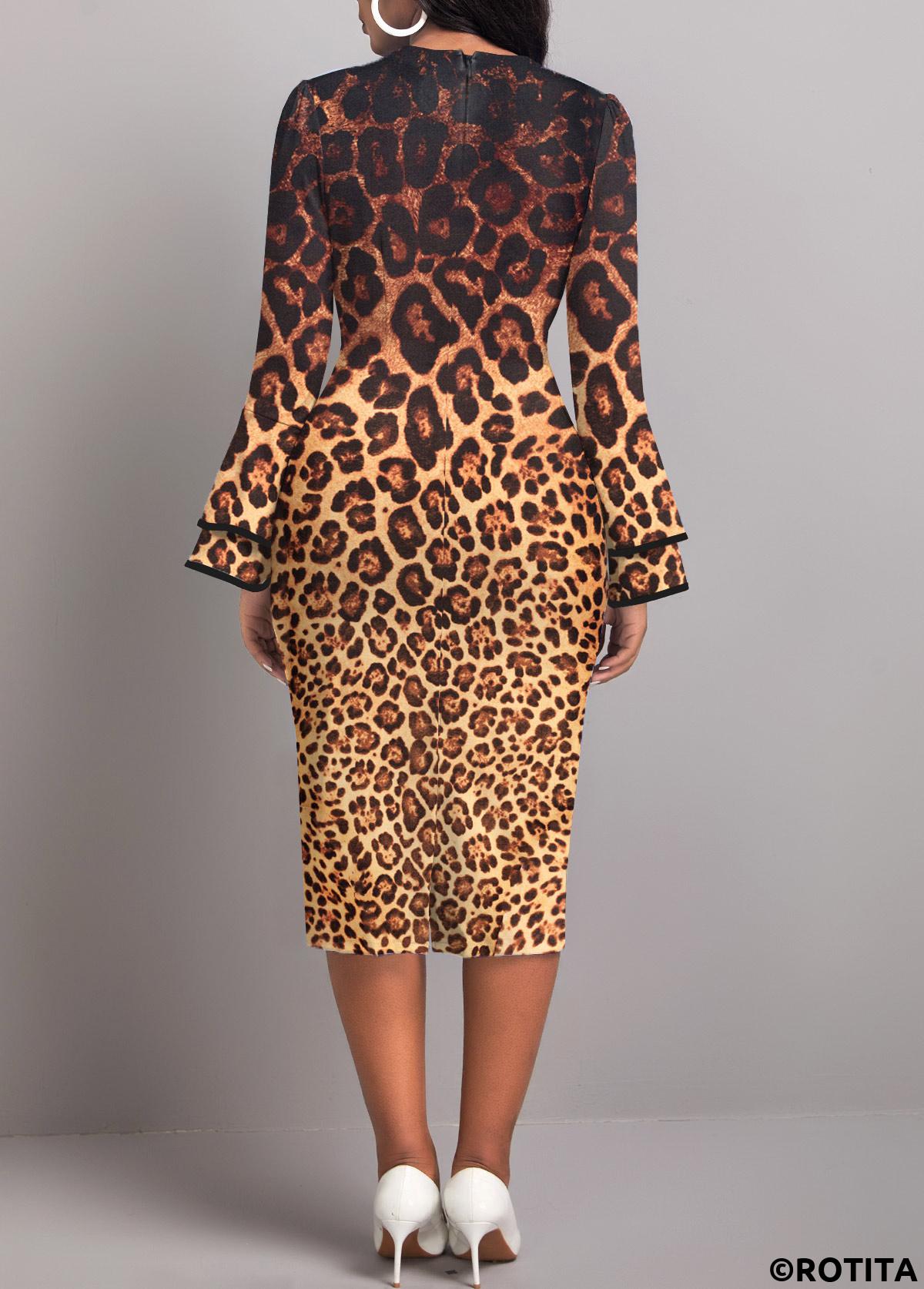 ROTITA Contrast Binding Leopard Dark Coffee Bodycon Dress