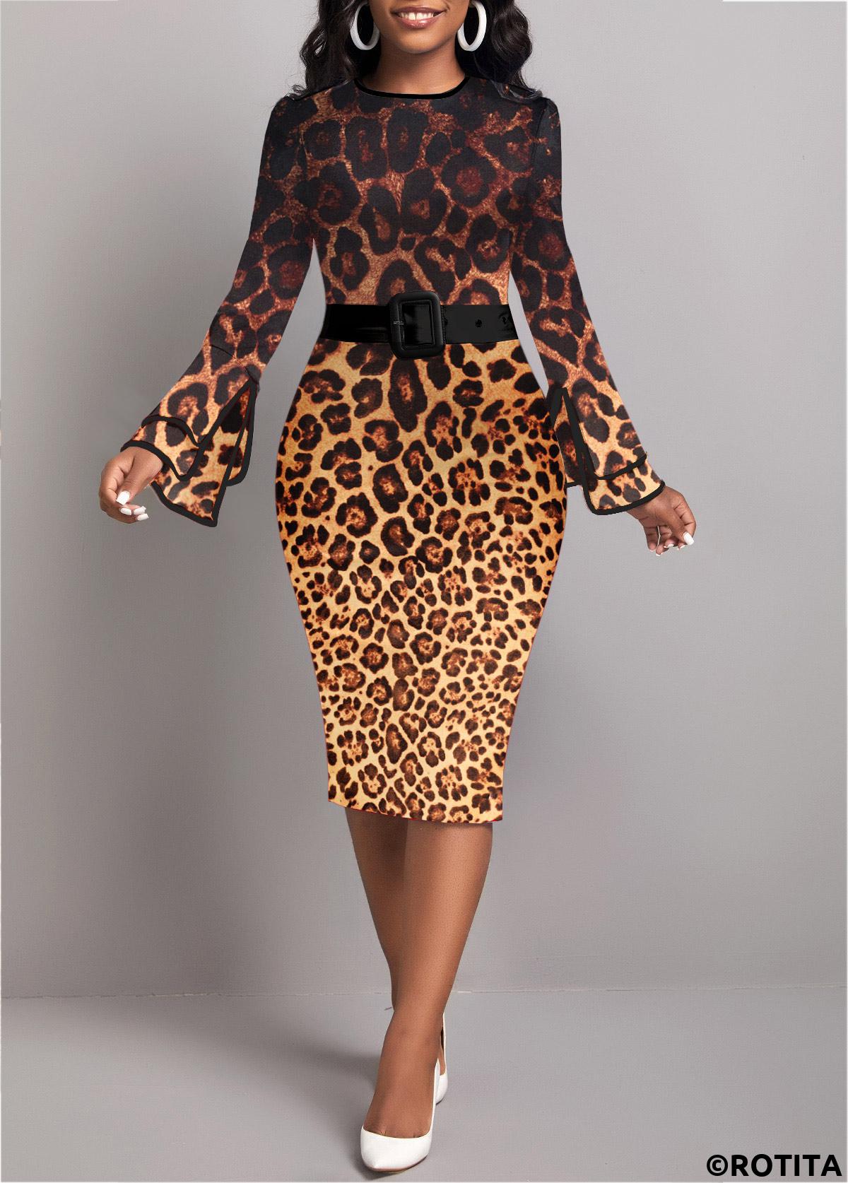 ROTITA Contrast Binding Leopard Dark Coffee Bodycon Dress