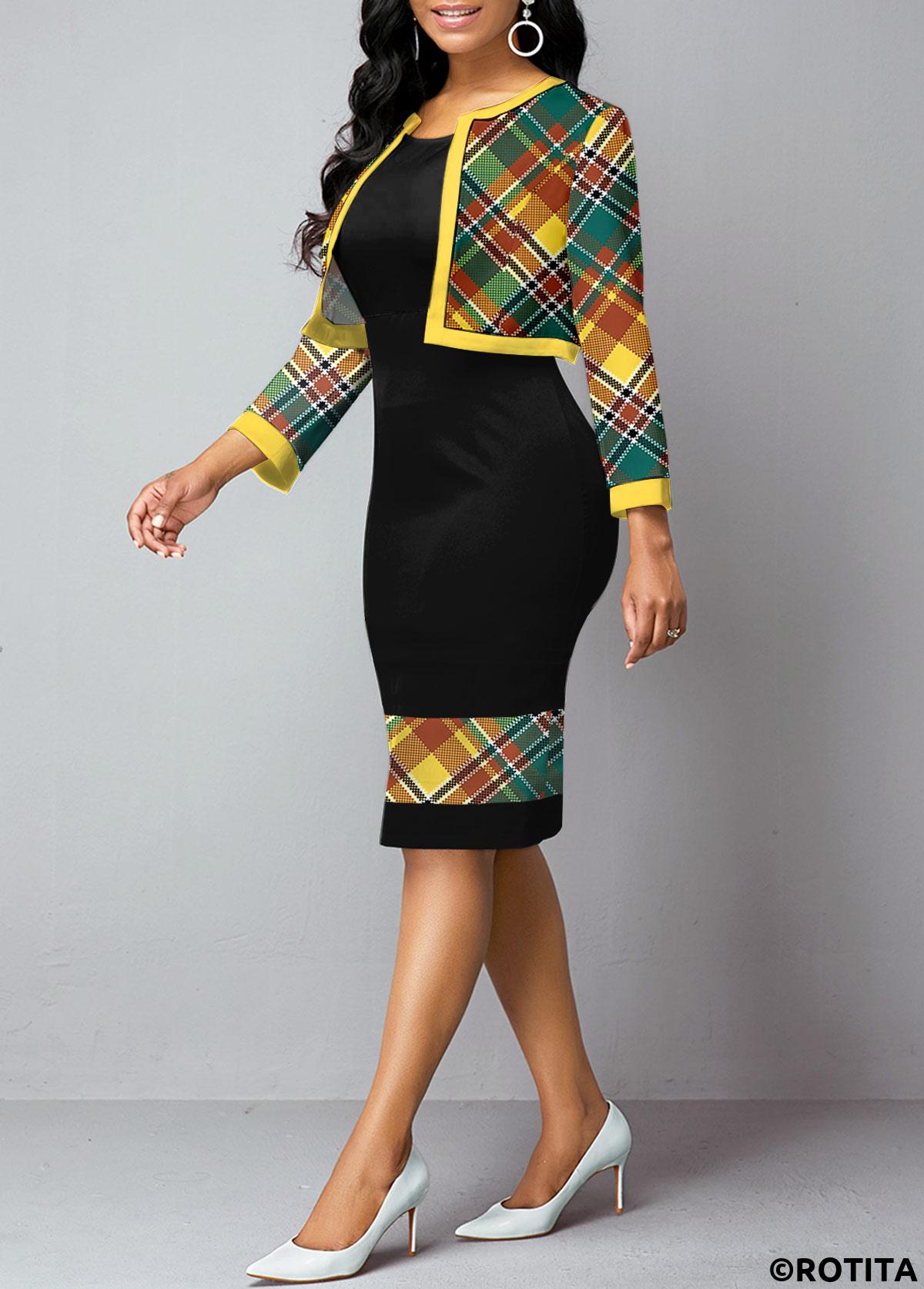 Black dresses,Plaid dresses,Striped dresses,Geometric dresses,Party dresses,Elegant dresses,ROTITA Patchwork Plaid Black Two Piece Suit Dress and Cardigan