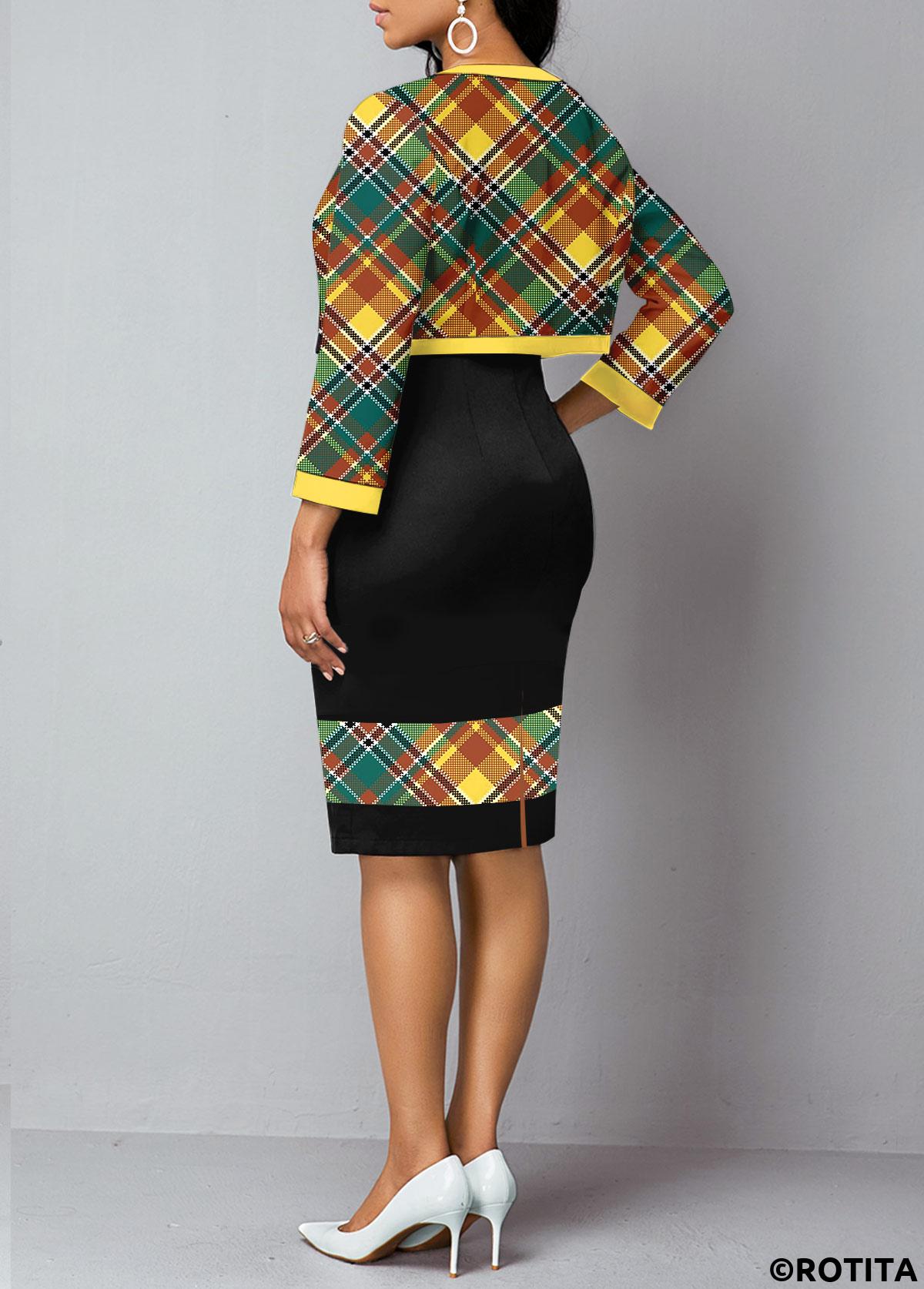 Black dresses,Plaid dresses,Striped dresses,Geometric dresses,Party dresses,Elegant dresses,ROTITA Patchwork Plaid Black Two Piece Suit Dress and Cardigan