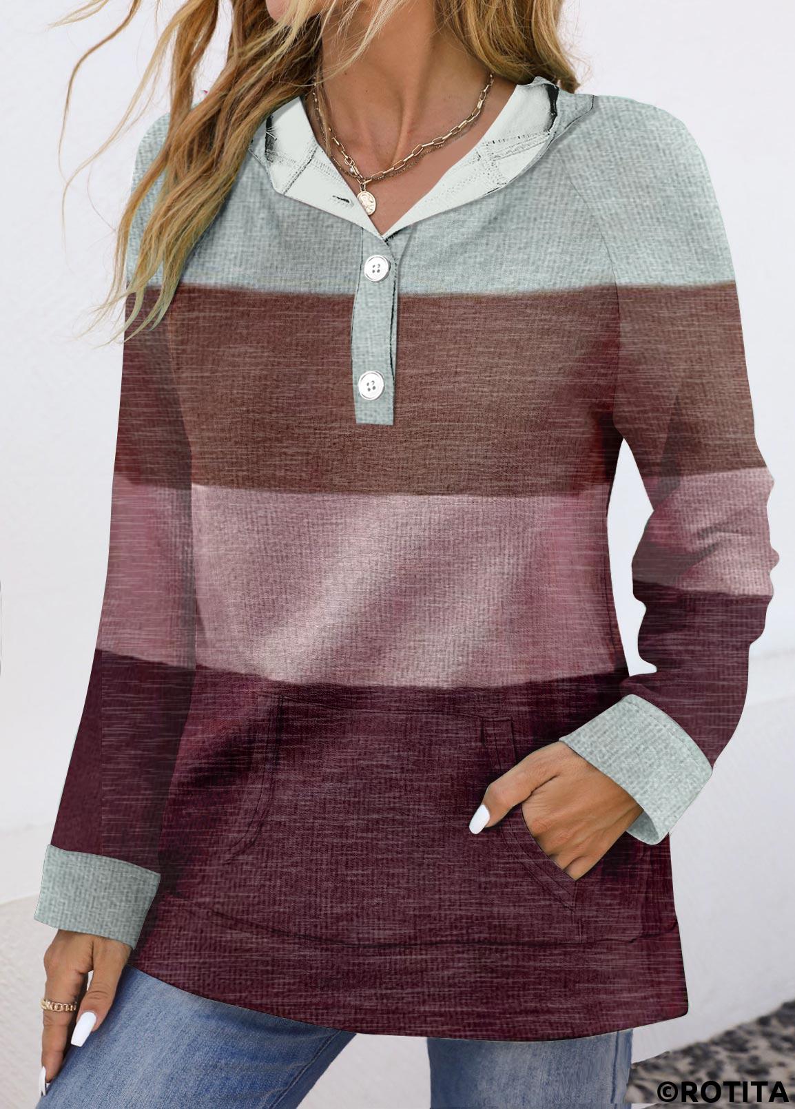 Multi Color tops,Striped tops,ROTITA Pocket Striped Multi Color Long Sleeve Hoodie