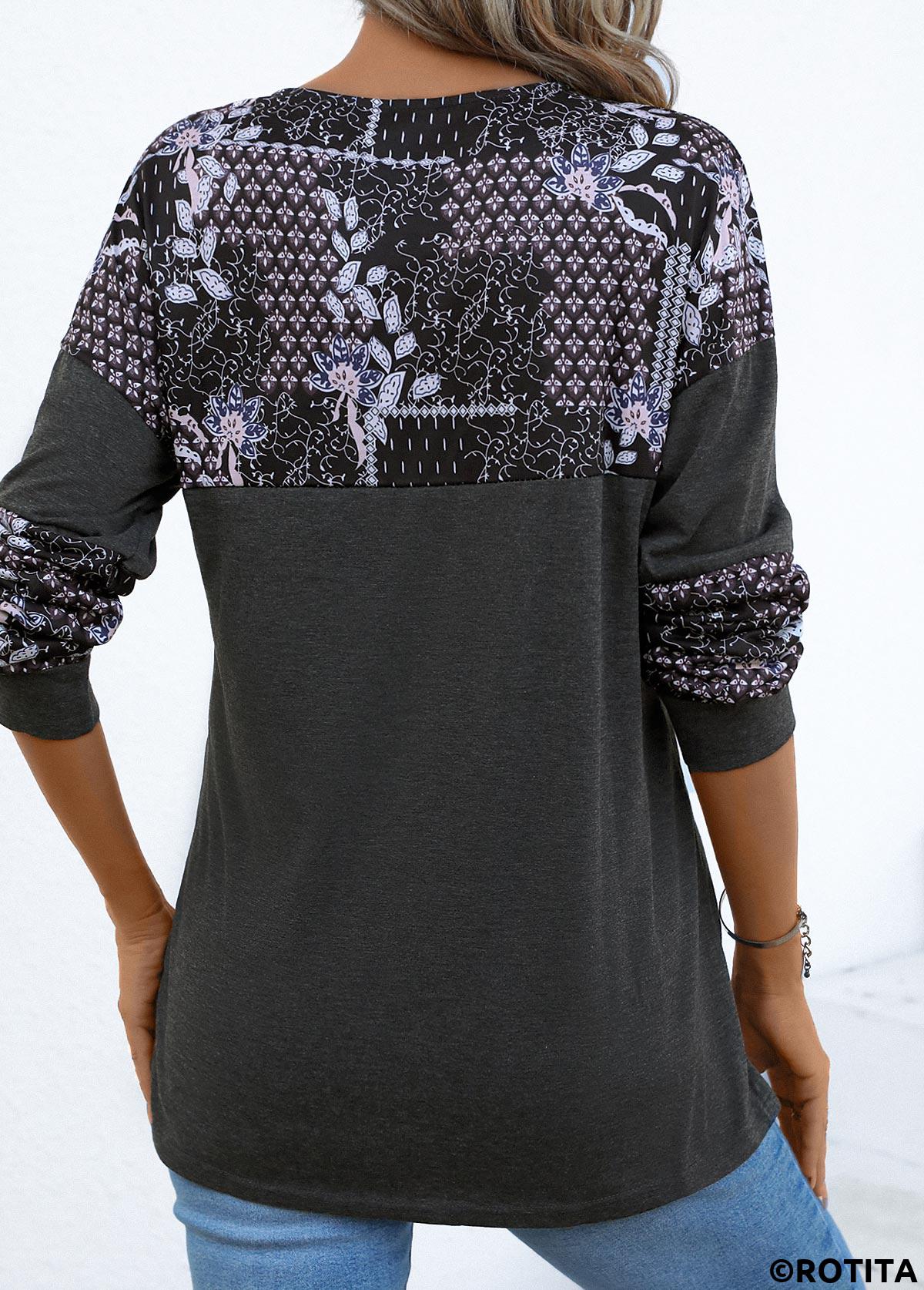 Dark Grey tops,Tribal tops,Geometric tops,Plants tops,Patchwork Tribal Print Dark Grey Round Neck T Shirt