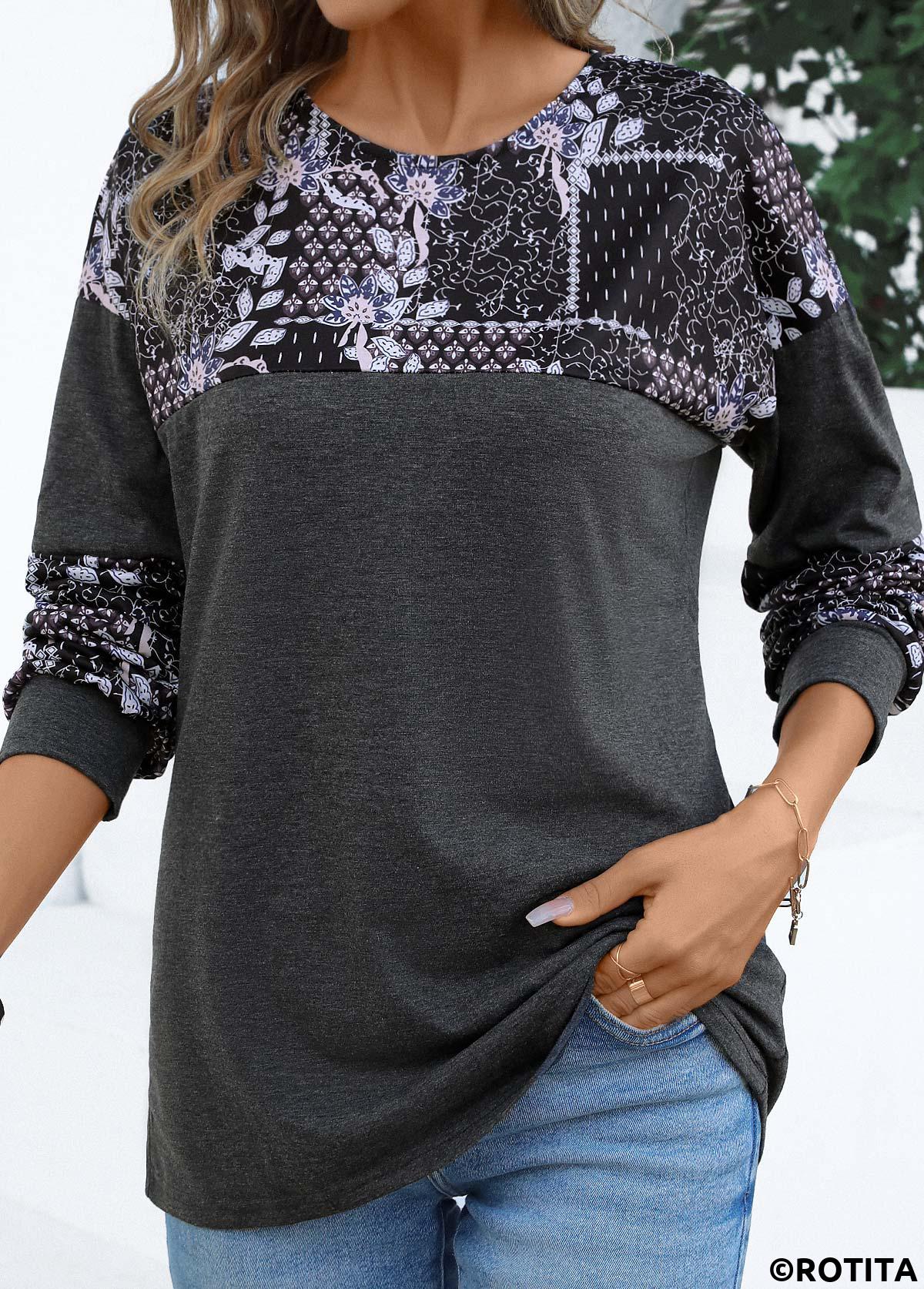 Dark Grey tops,Tribal tops,Geometric tops,Plants tops,Patchwork Tribal Print Dark Grey Round Neck T Shirt