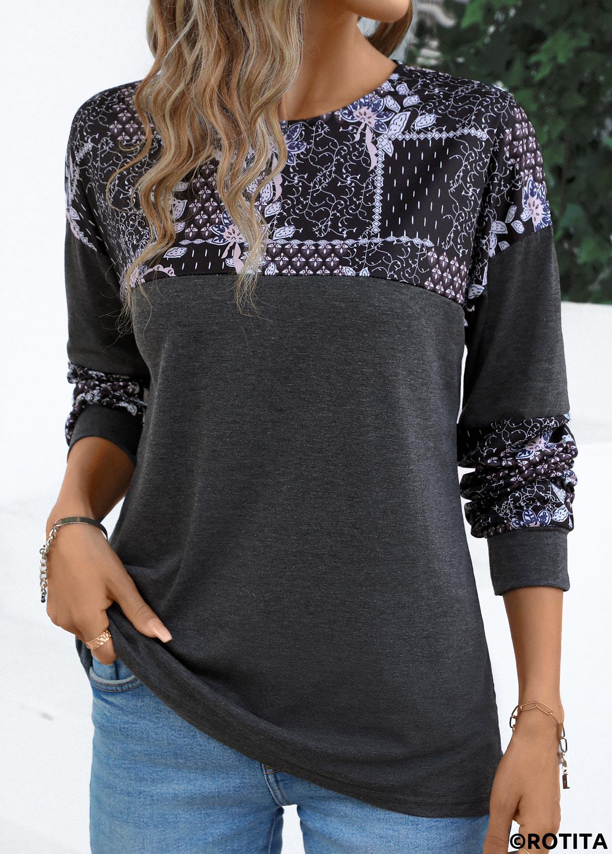 Dark Grey tops,Tribal tops,Geometric tops,Plants tops,Patchwork Tribal Print Dark Grey Round Neck T Shirt