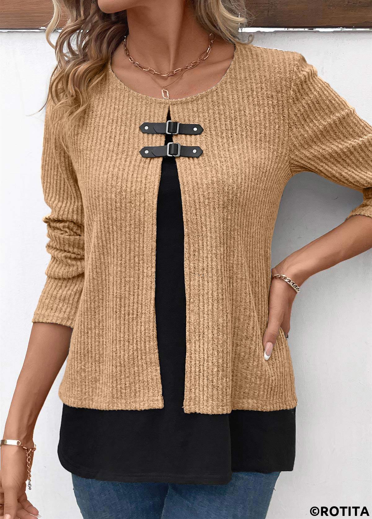 Light Camel tops,Black tops,Contrast Color tops,ROTITA Light Camel Round Neck Fake Two Piece Twinset