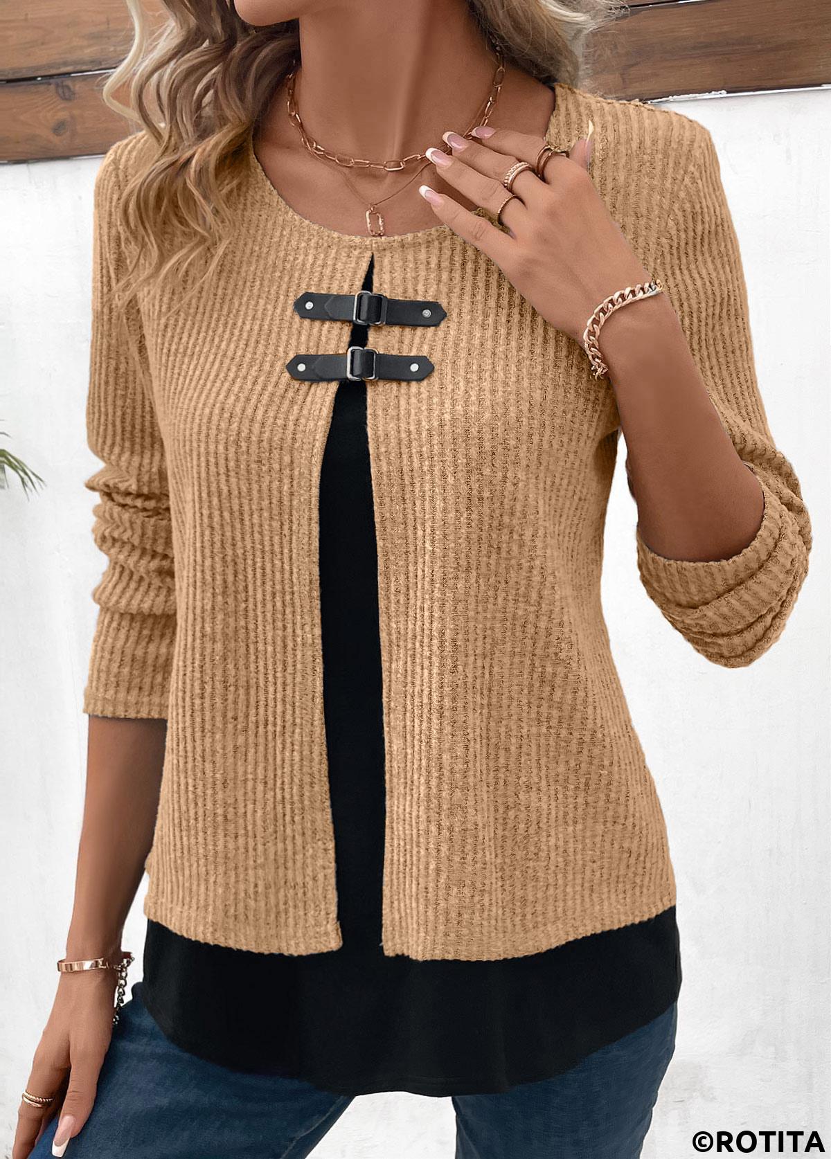 Light Camel tops,Black tops,Contrast Color tops,ROTITA Light Camel Round Neck Fake Two Piece Twinset