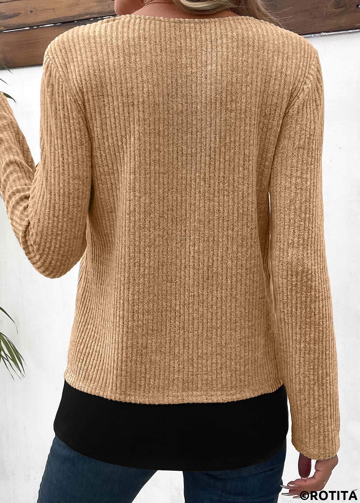 Light Camel tops,Black tops,Contrast Color tops,ROTITA Light Camel Round Neck Fake Two Piece Twinset